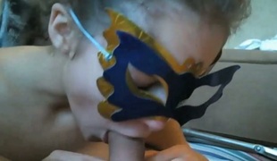 Masked girl giving awesome deepthroat blowjob in real amateur sex clip